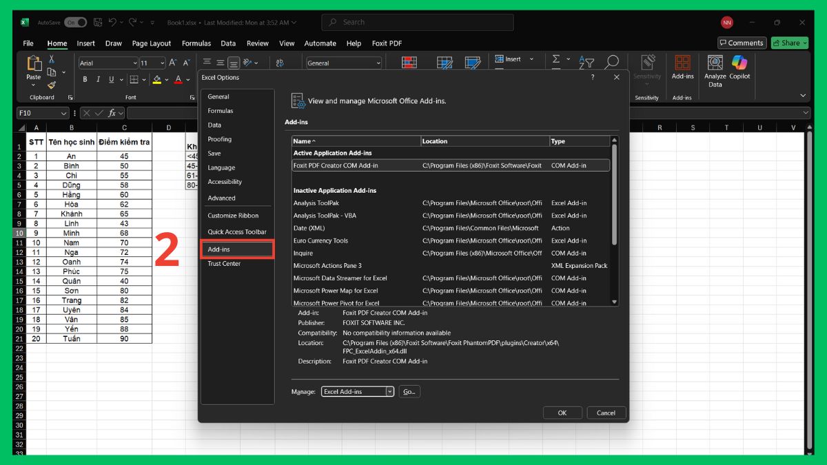 Tắt các Add-ins không cần thiết bước 1 tiếp theo