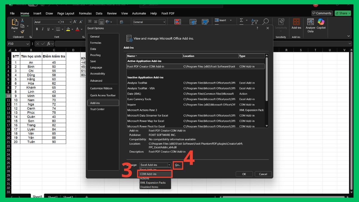 Tắt các Add-ins không cần thiết bước 2