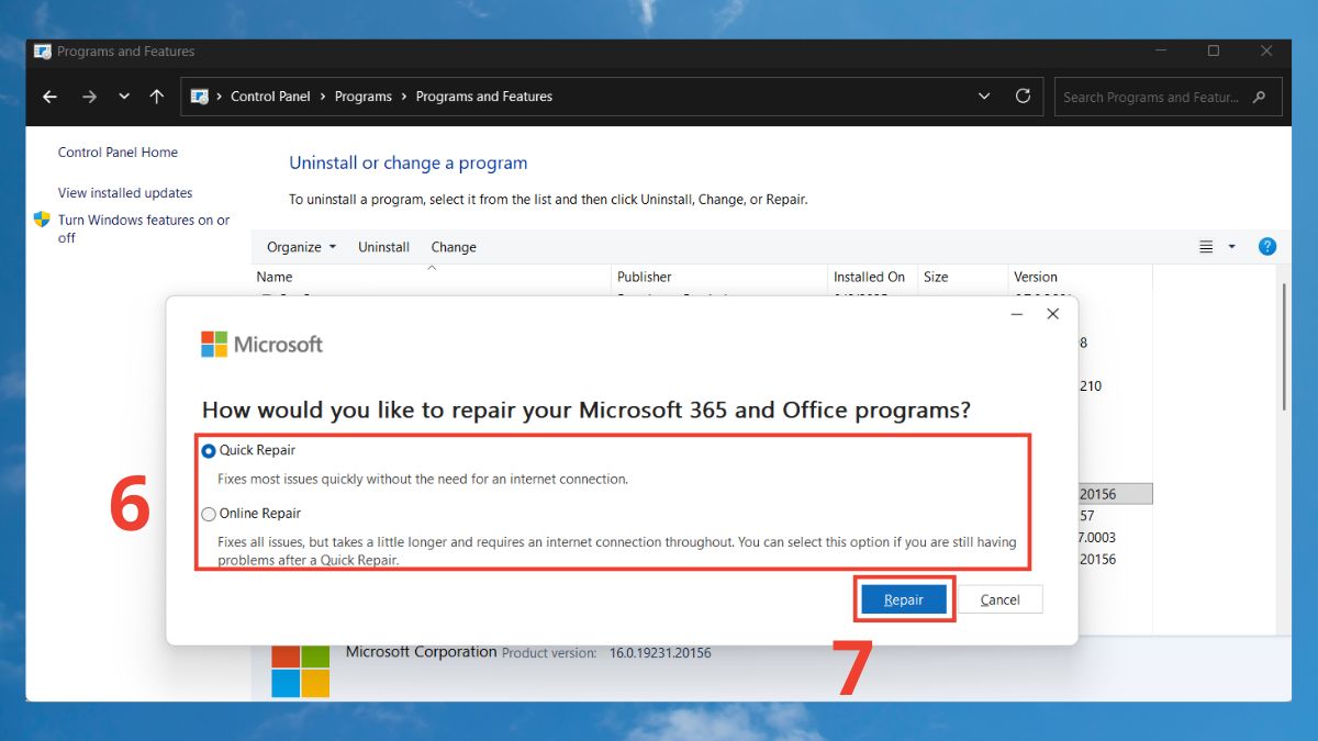 khắc phục lỗi Microsoft Excel has stopped working bằng Repair của Microsoft Office bước 4