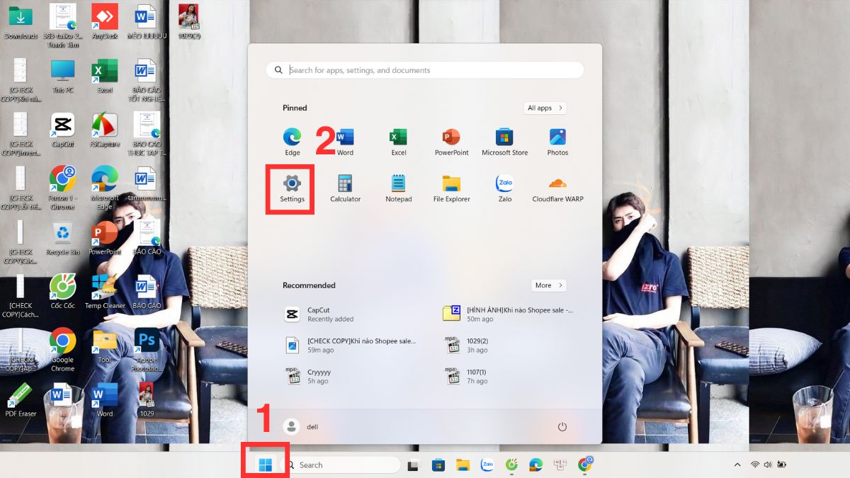 Bật WiFi trên Laptop Dell qua mục Start Menu bước 1