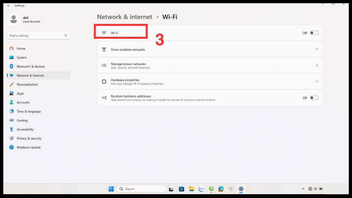Bật WiFi trên Laptop Dell qua mục Start Menu bước 2