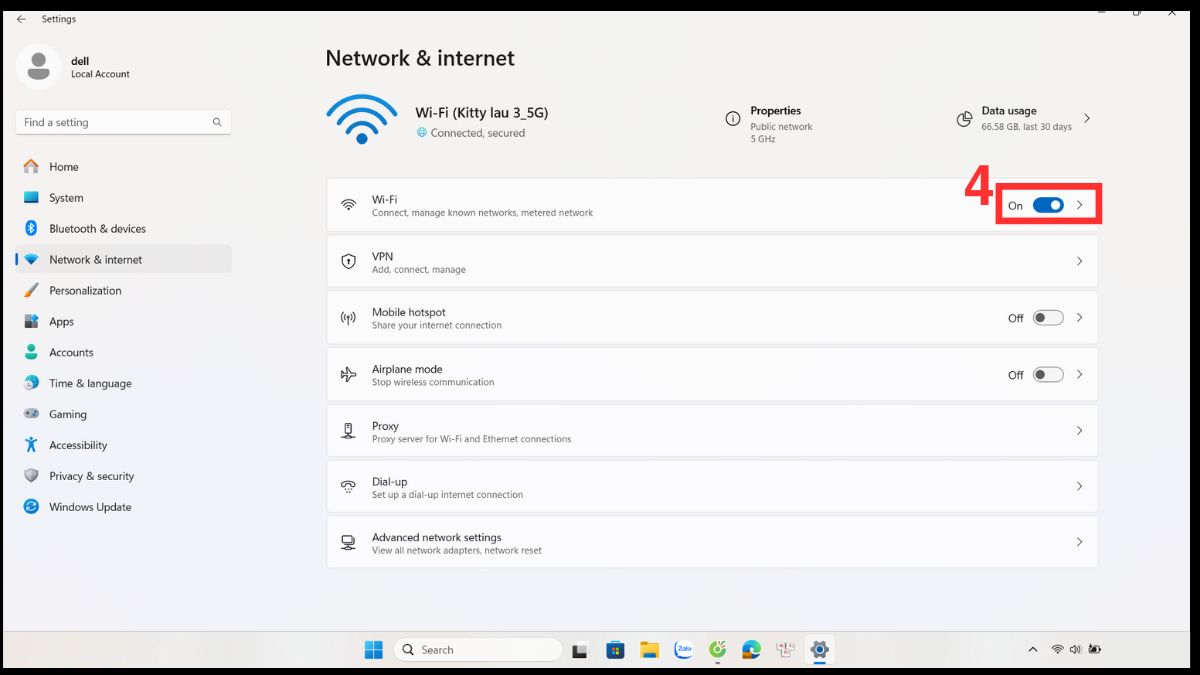 Bật WiFi trên Laptop Dell qua mục Start Menu bước 3