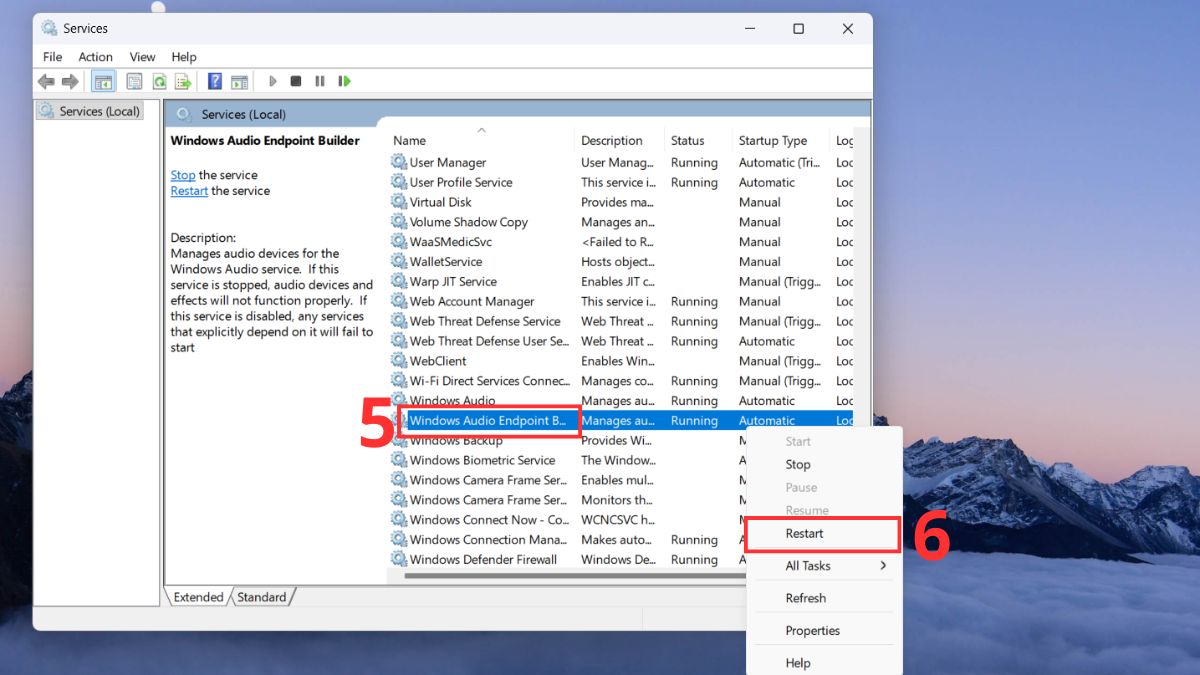 Khởi động lại dịch vụ âm thanh bước 3