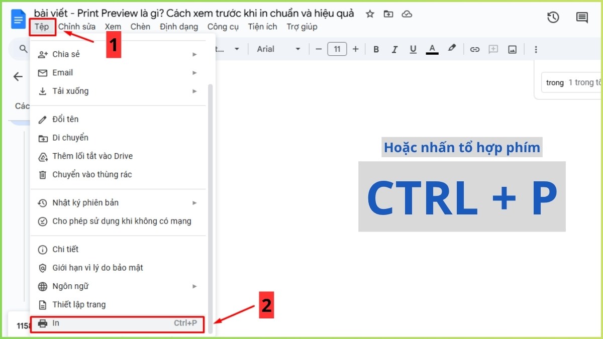 Print Preview trong Google Docs bước 1