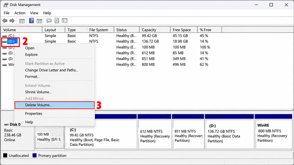 Xóa phân vùng Recovery bằng Disk Management bước 2