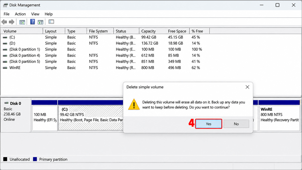Xóa phân vùng Recovery bằng Disk Management bước 4