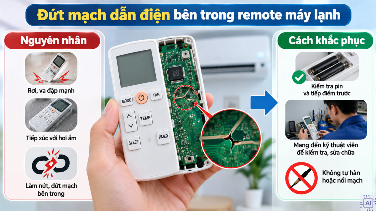 Nguyên nhân và cách khắc phục remote không hiển thị nhiệt độ khi đứt mạch dẫn điện