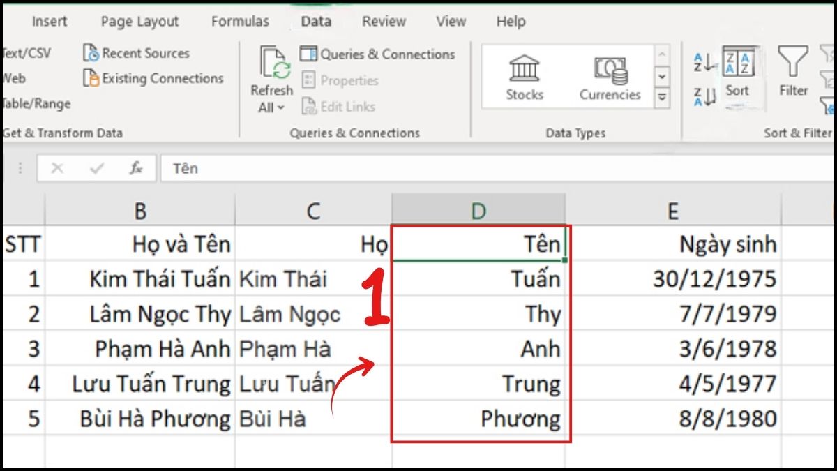 cách Sort Excel khi sắp xếp theo thứ tự bảng chữ cái bước 1