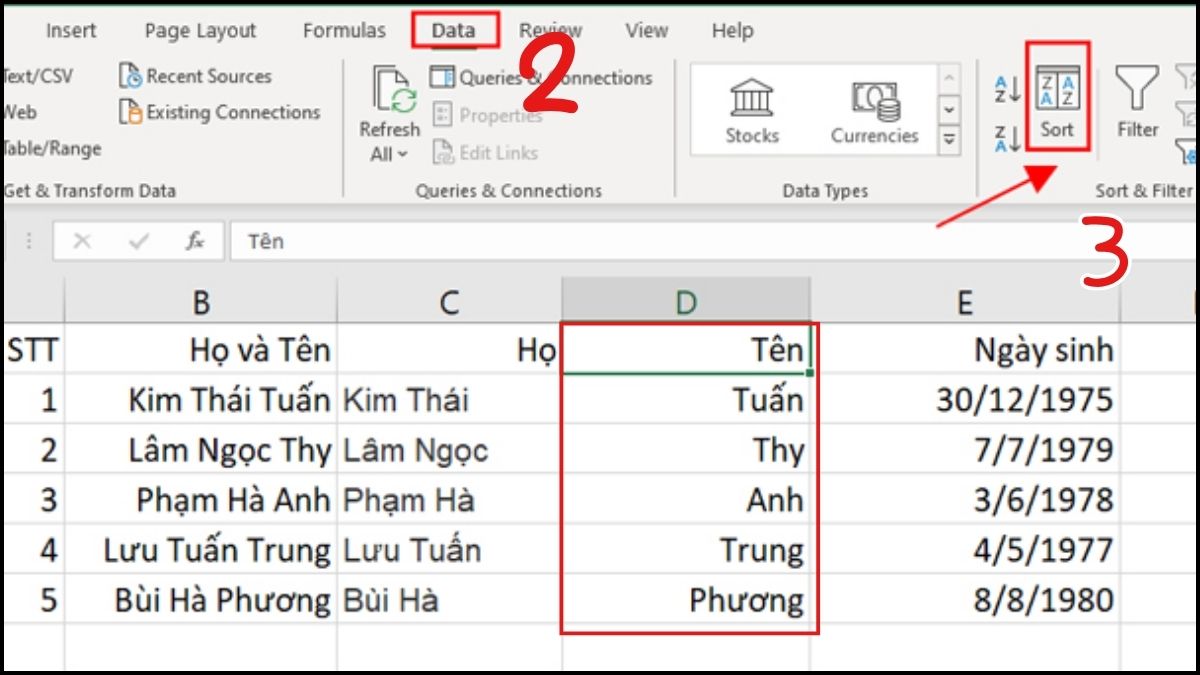 cách Sort Excel khi sắp xếp theo thứ tự bảng chữ cái bước 2