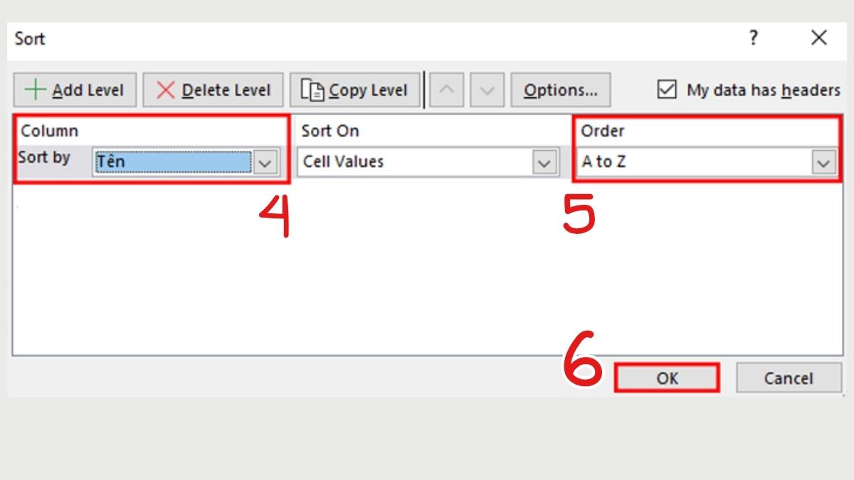 cách Sort Excel khi sắp xếp theo thứ tự bảng chữ cái bước 3