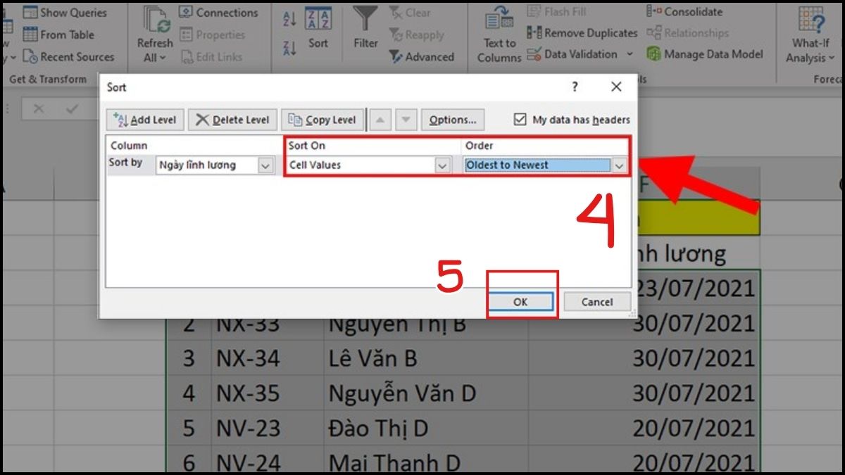 cách Sort Excel khi sắp xếp theo ngày tháng bước 3