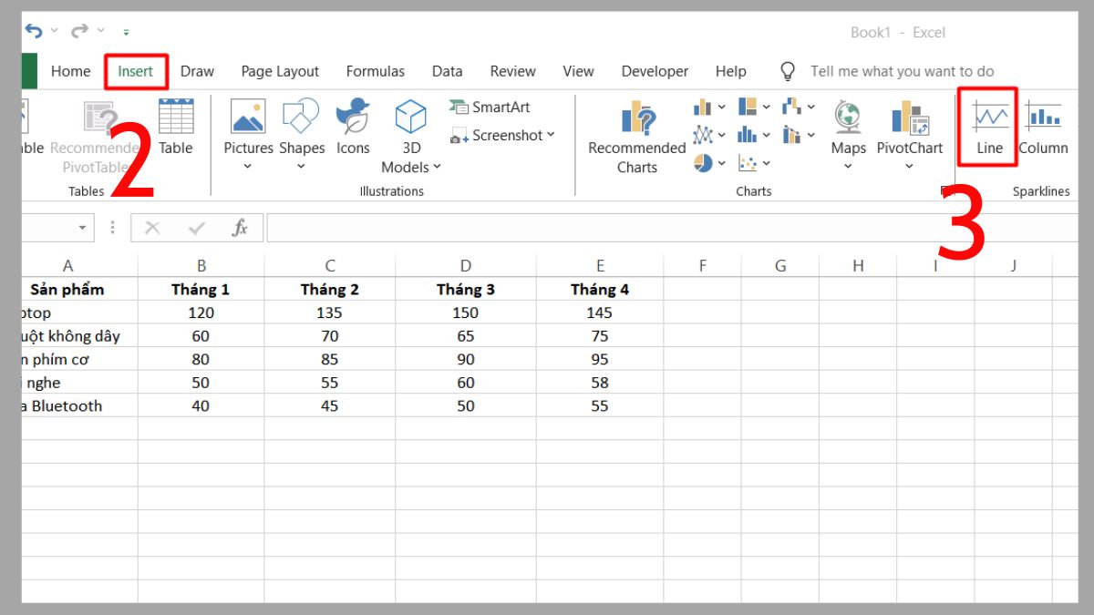Hướng dẫn cách chèn Sparkline trong Excel bước 2