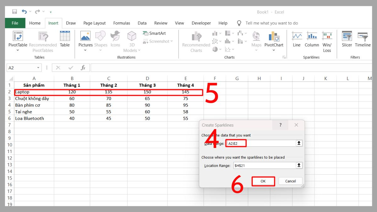 Hướng dẫn cách chèn Sparkline trong Excel bước 3
