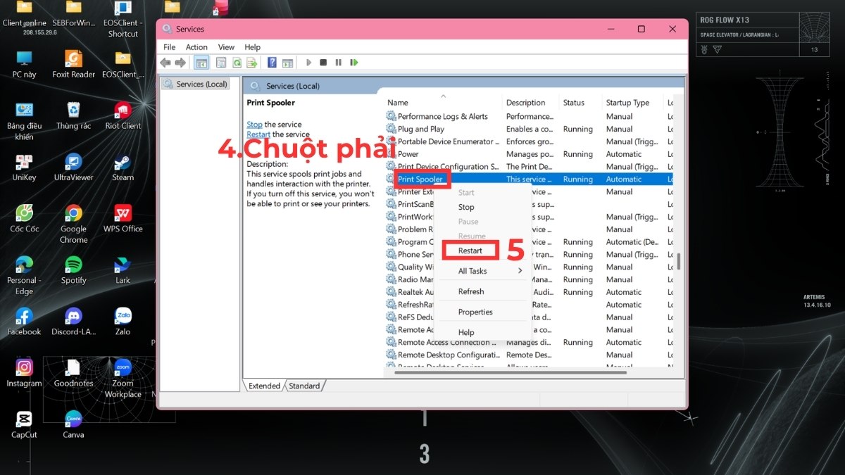 Restart dịch vụ spooler bước 4