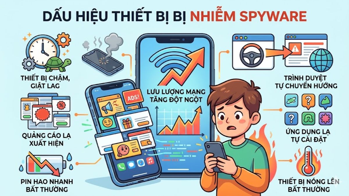 Dấu hiệu thiết bị có thể đã bị nhiễm Spyware là gì?