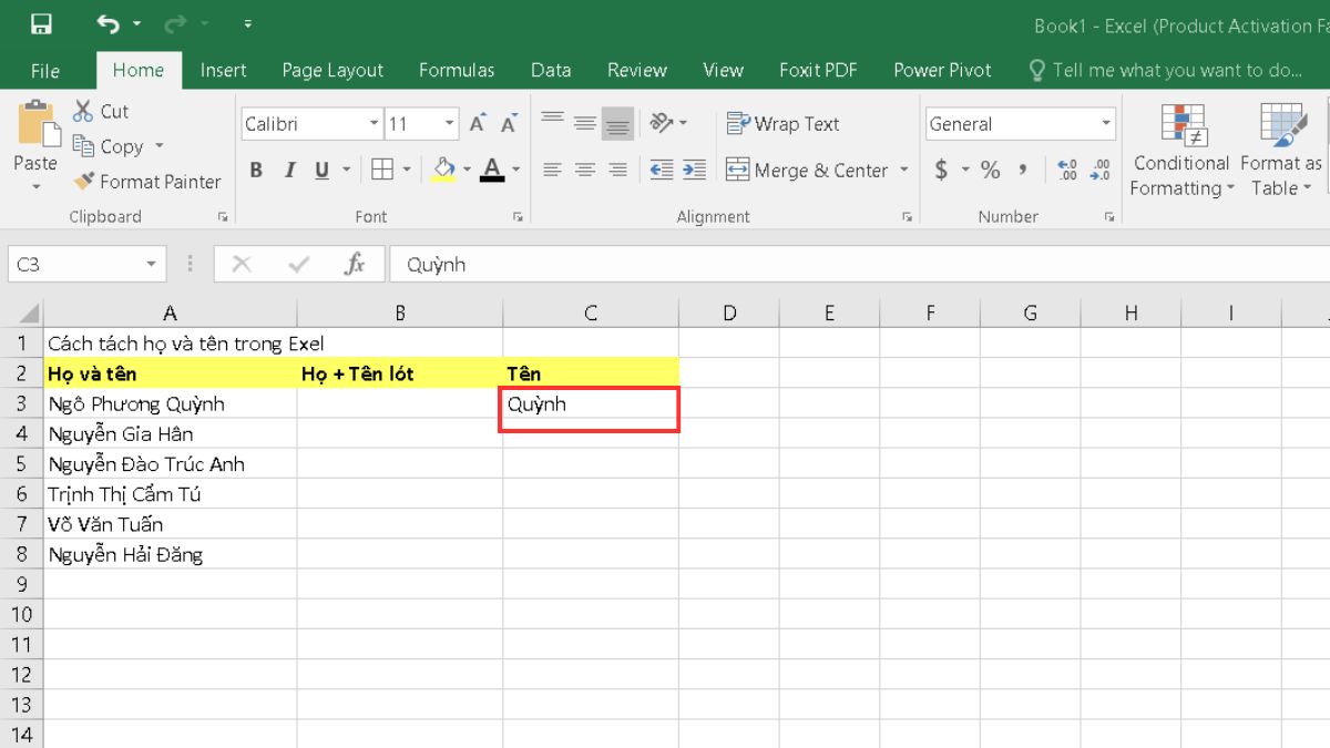Cách tách tên trong Excel bằng hàm kết hợp - bước 2