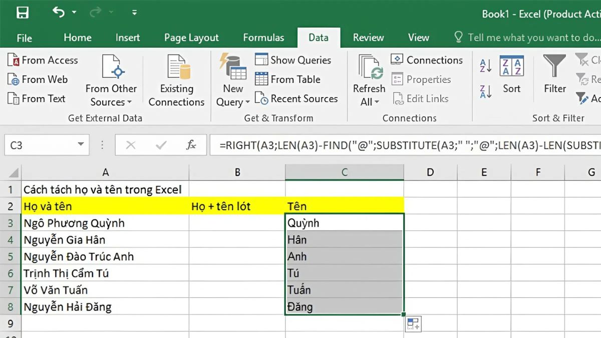 Cách tách tên trong Excel bằng hàm kết hợp - bước 3