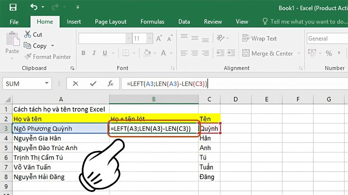 Cách tách họ trong Excel bằng hàm kết hợp - bước 2