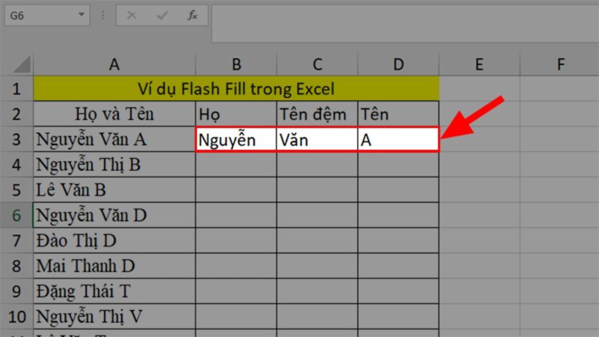 Cách tách họ bằng tính năng Flash Fill - bước 1