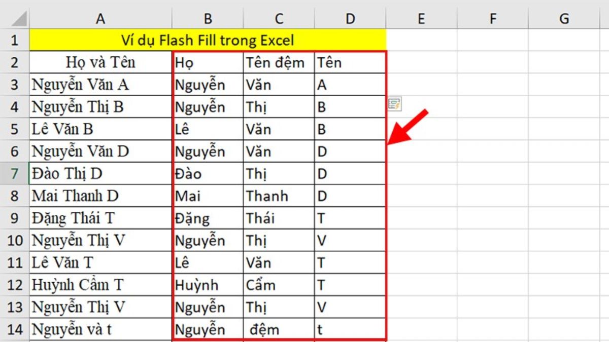 Cách tách họ bằng tính năng Flash Fill - bước 3