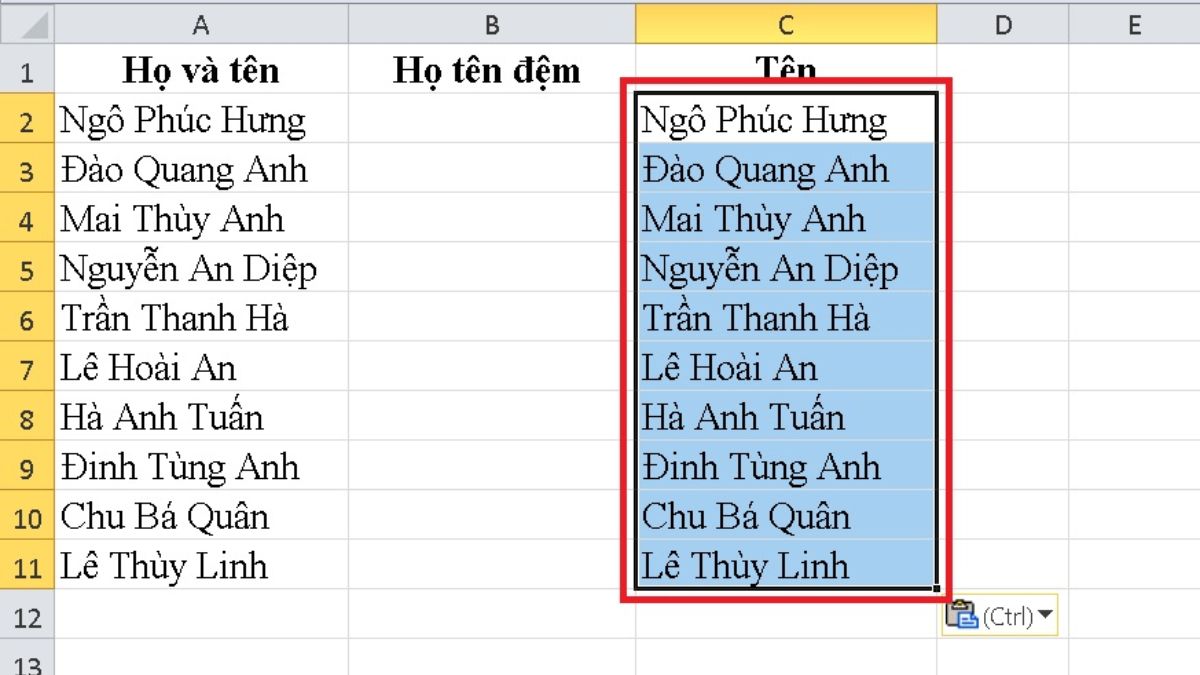 Cách tách tên trong Excel bằng Find and Replace - bước 1