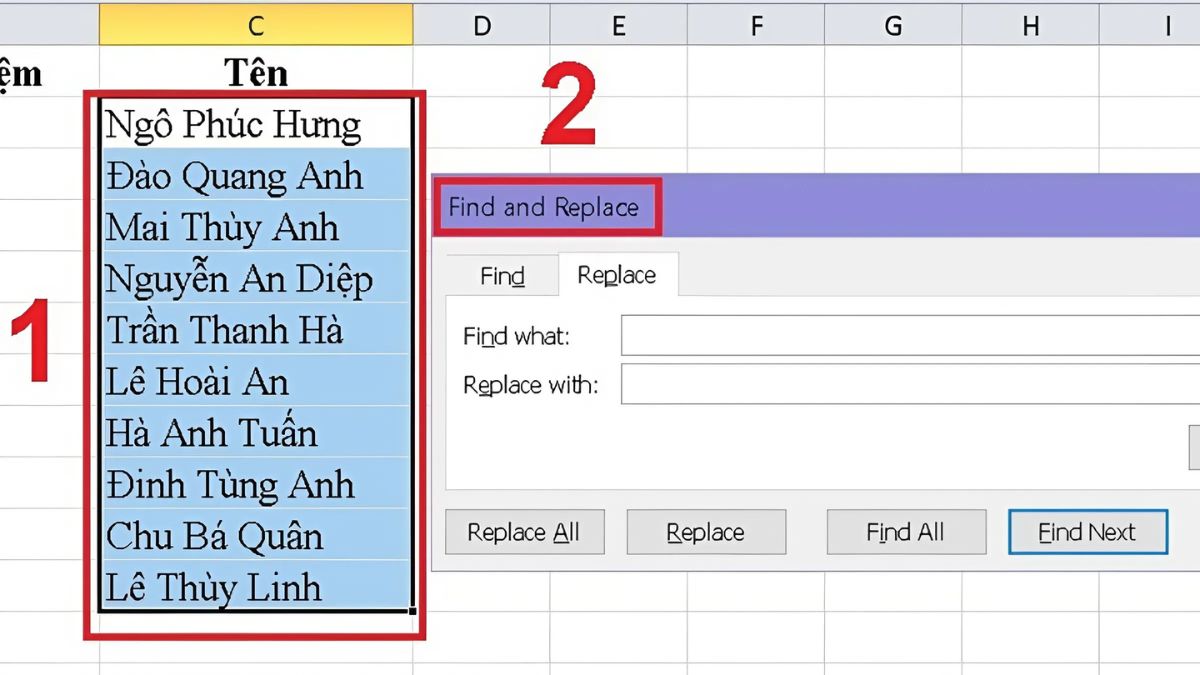 Cách tách tên trong Excel bằng Find and Replace - bước 2