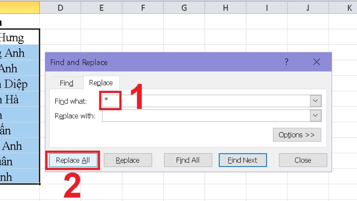 Cách tách tên trong Excel bằng Find and Replace - bước 3