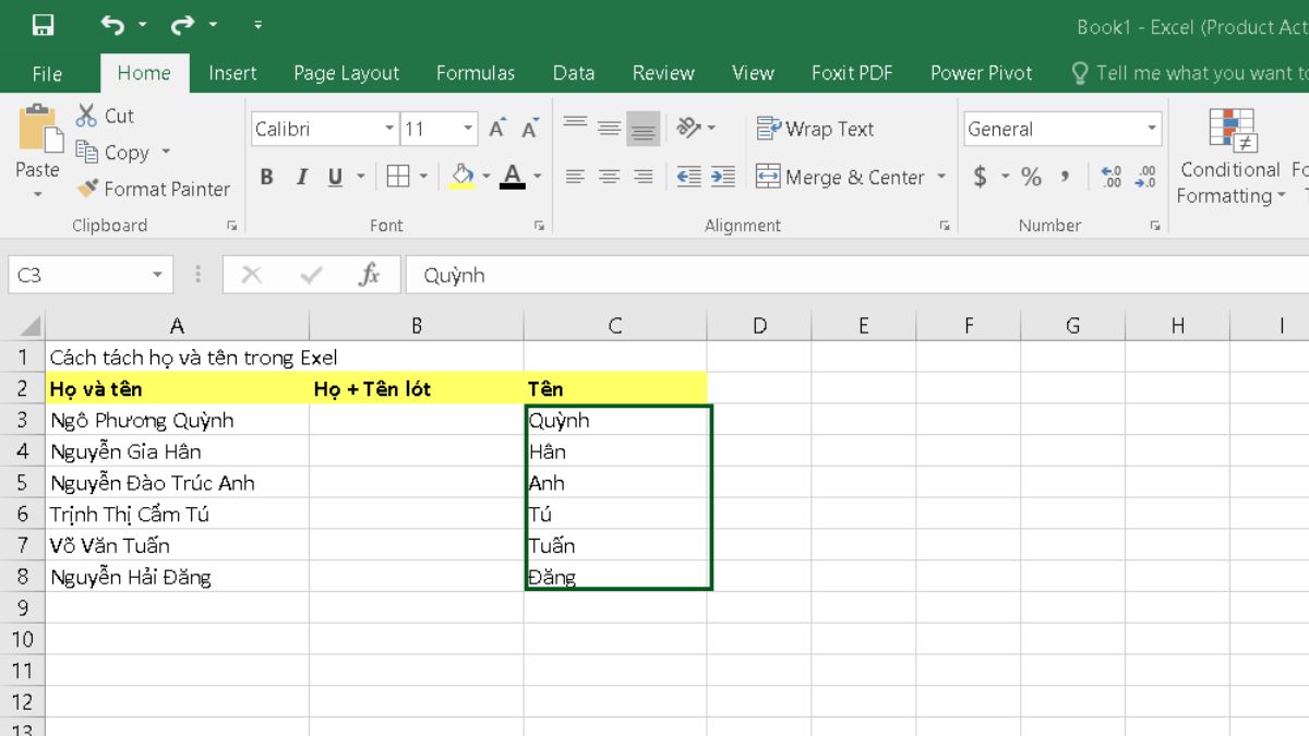 Cách tách họ trong Excel bằng Find and Replace - bước 1
