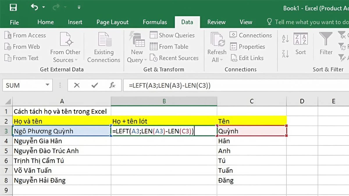 Cách tách họ trong Excel bằng Find and Replace - bước 2