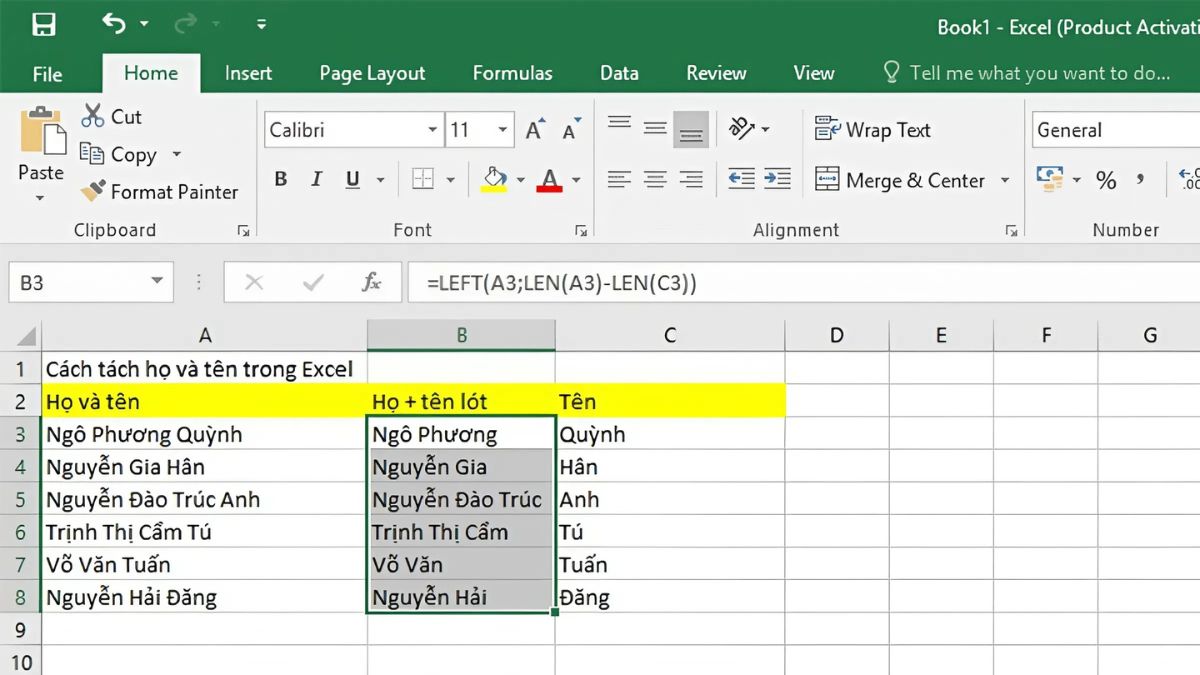 Cách tách họ trong Excel bằng Find and Replace - bước 3