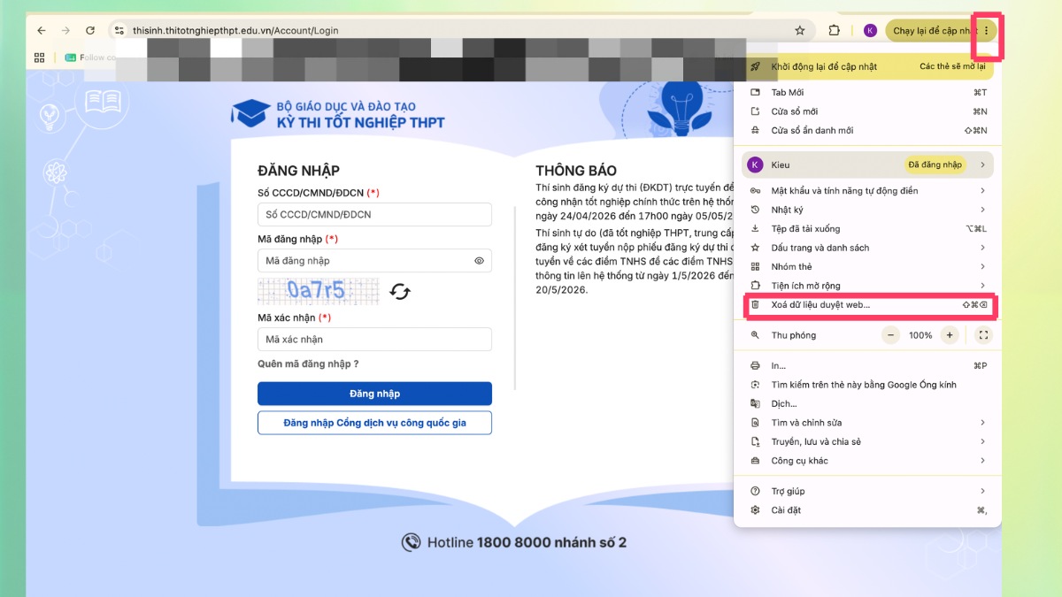 Xóa cache và cookie trình duyệt bước 1