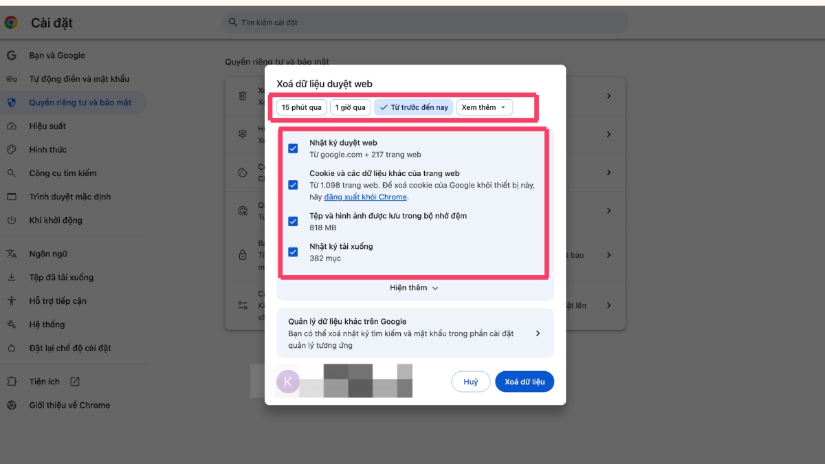 Xóa cache và cookie trình duyệt bước 2