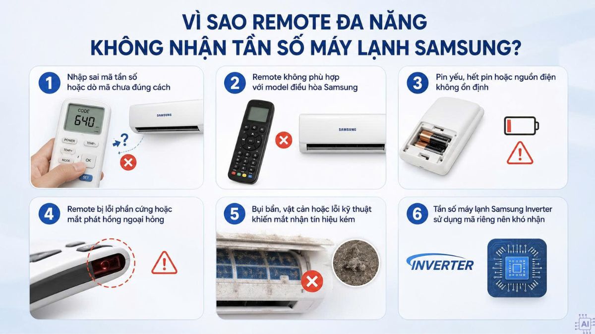 Vì sao remote đa năng không nhận tần số máy lạnh Samsung?