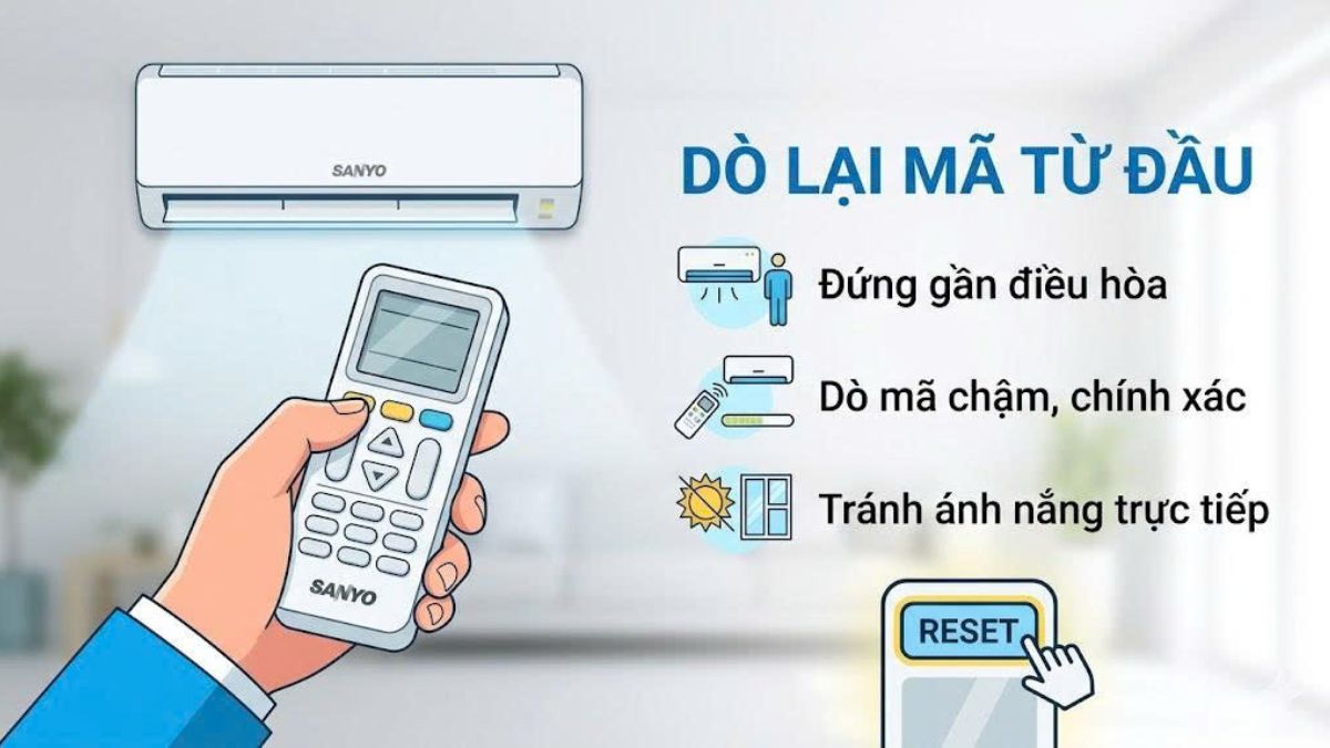 khắc phục lỗi tần số remote máy lạnh Sanyo bằng cách dò lại mã từ đầu