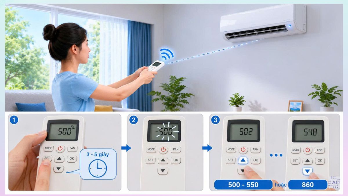 Cách dò tần số remote máy lạnh Sanyo bằng remote đa năng bước 2