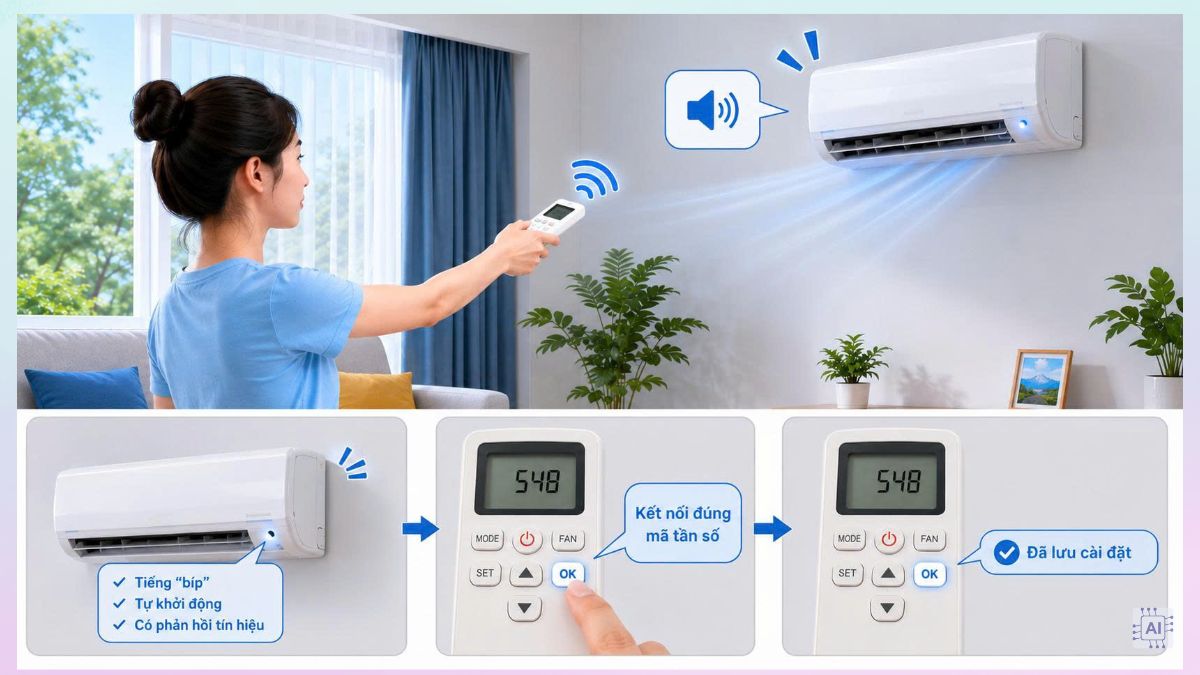 Cách dò tần số remote máy lạnh Sanyo bằng remote đa năng bước 3