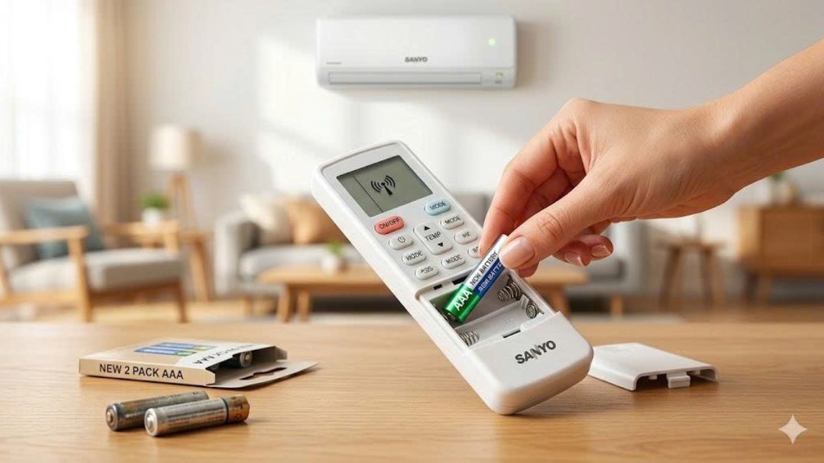 khắc phục lỗi tần số remote máy lạnh Sanyo bằng cách thay pin remote mới