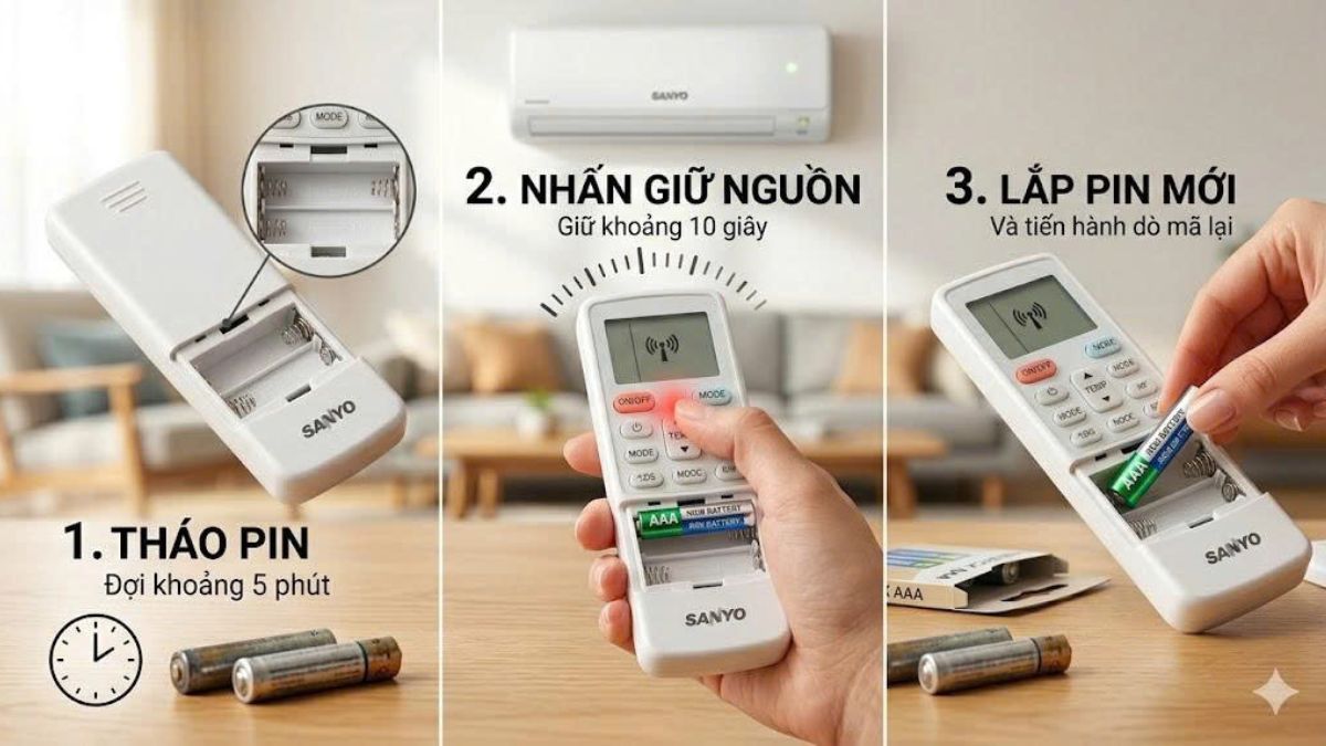 khắc phục lỗi tần số remote máy lạnh Sanyo bằng cách reset remote