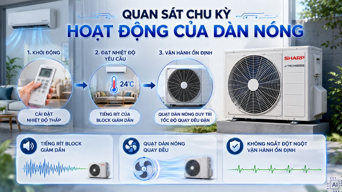kiểm tra hoạt động máy lạnh Sharp bằng cách quan sát chu kỳ hoạt động của dàn nóng