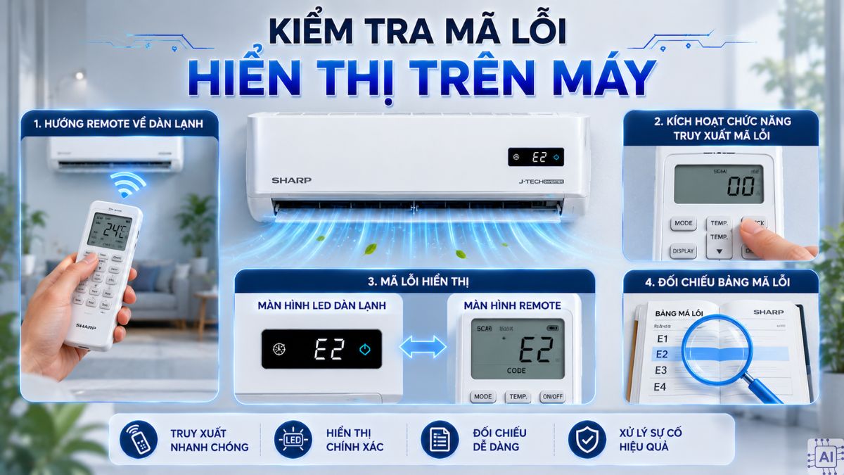 kiểm tra hoạt động máy lạnh Sharp bằng cách kiểm tra mã lỗi hiển thị