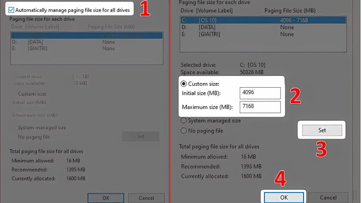 Chọn dung lượng RAM ảo để tăng tốc Win 10