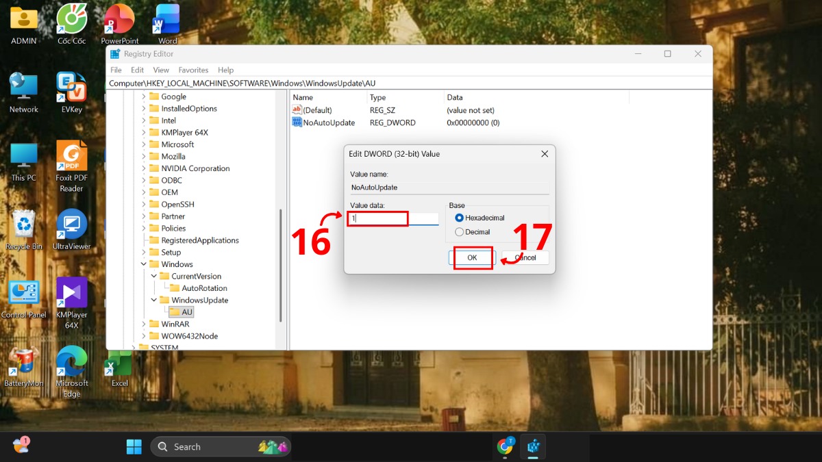 tắt update Win 11 qua registry editor bước 5 còn lại