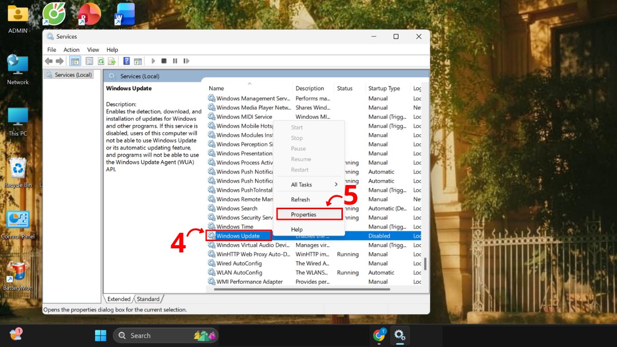 tắt update Win 11 qua services.msc bước 3