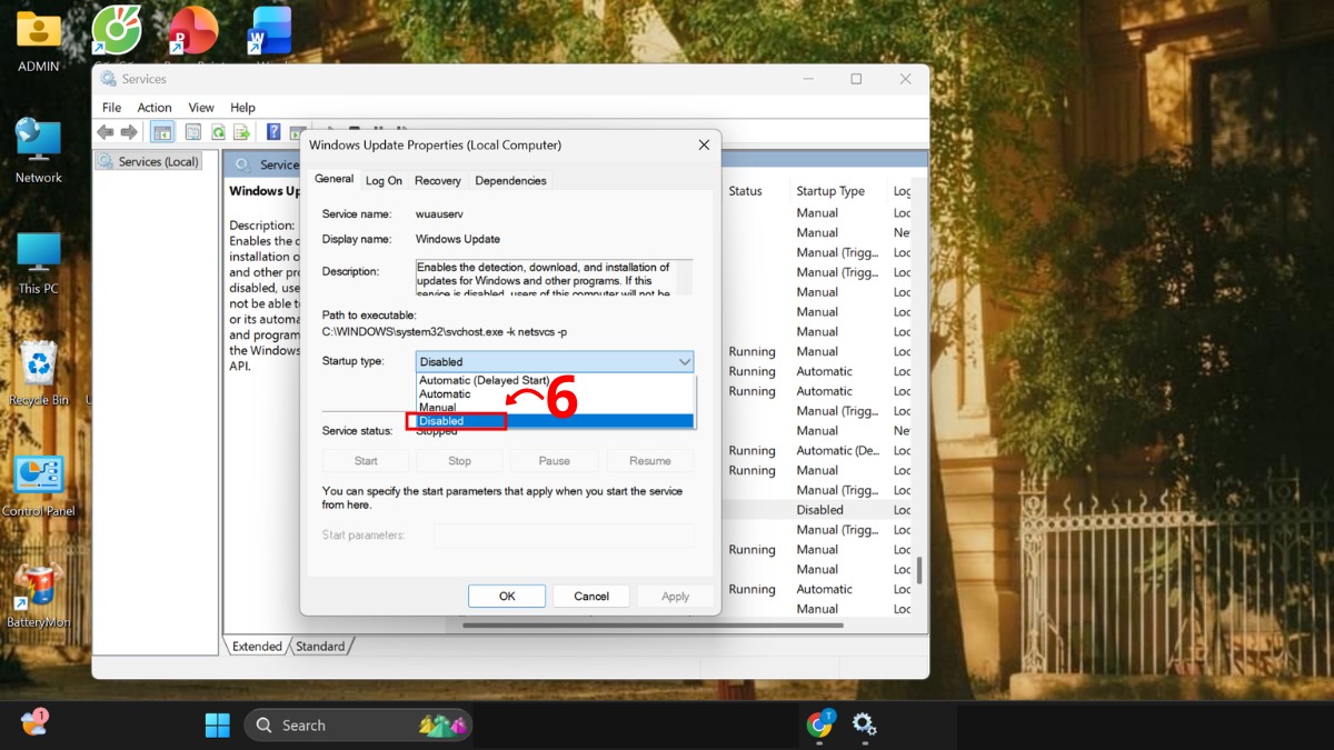 tắt update Win 11 qua services.msc bước 4