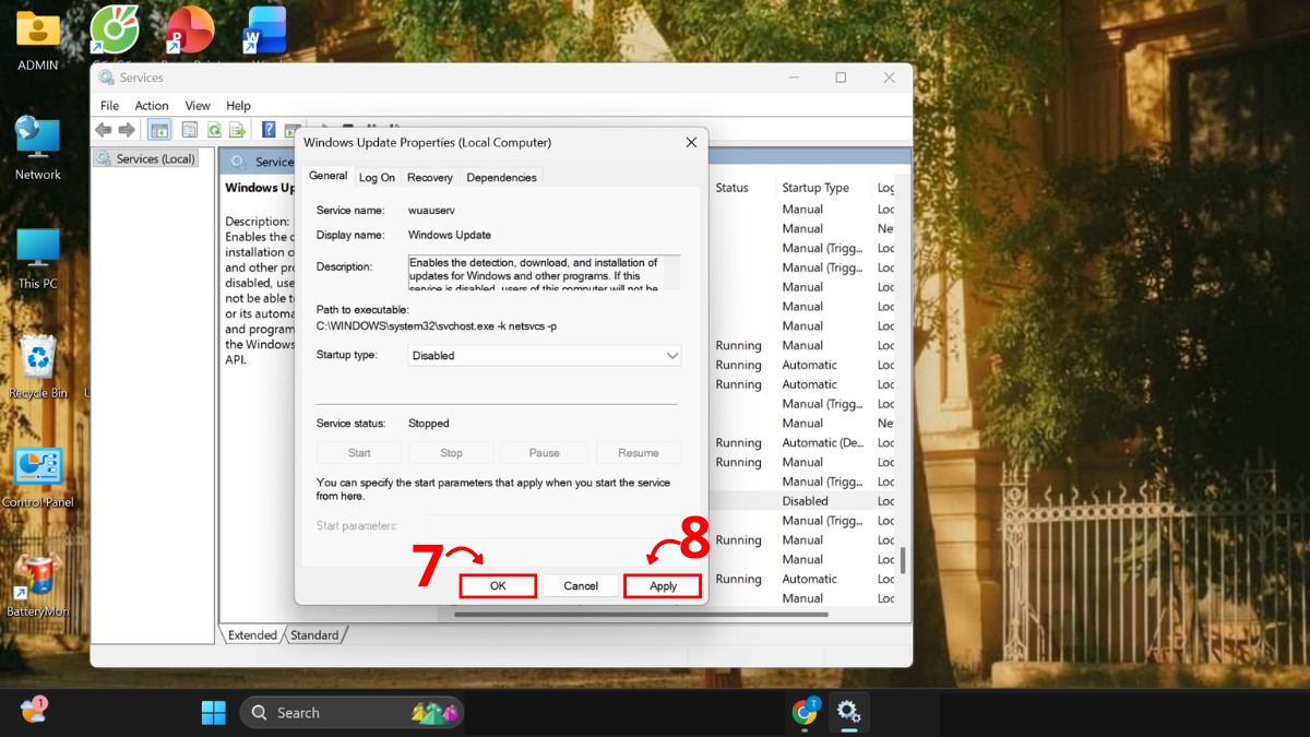 tắt update Win 11 qua services.msc bước 5