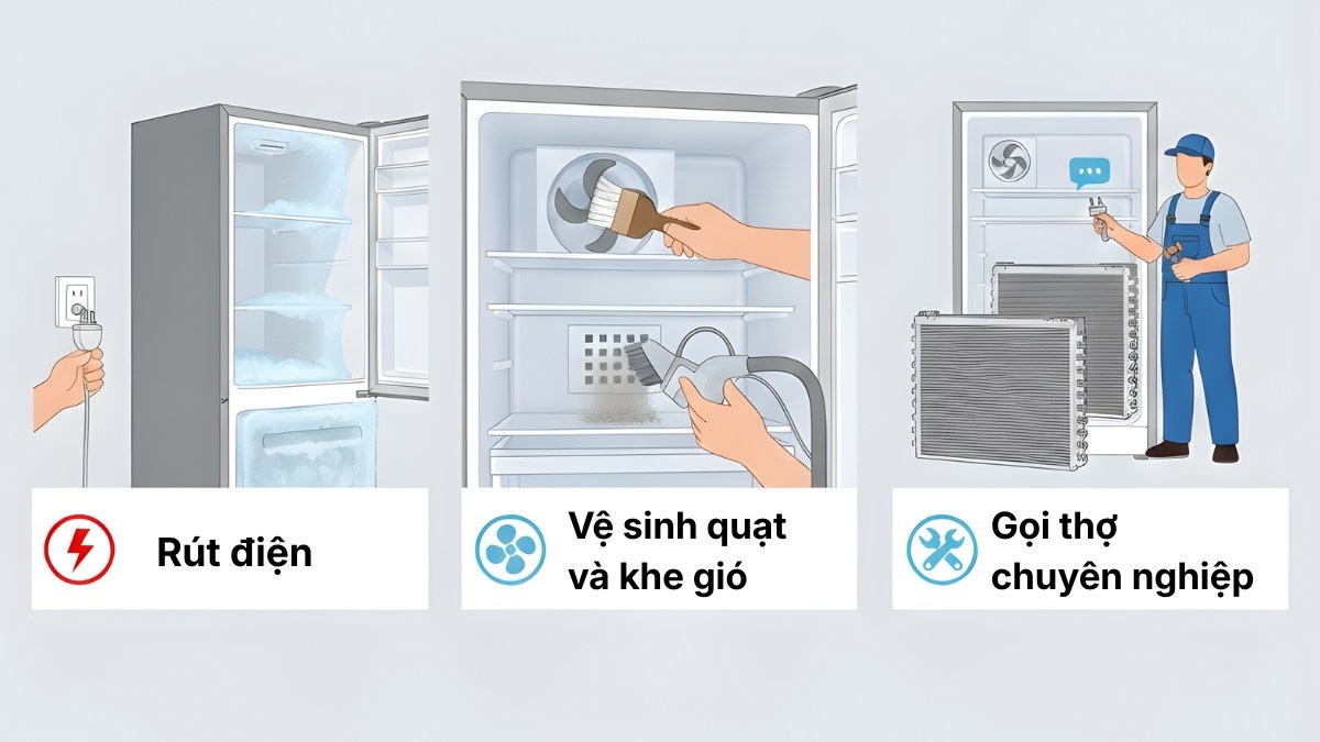 khắc phục tủ lạnh bị đóng tuyết ngăn mát không lạnh vệ sinh quạt gió và dàn lạnh