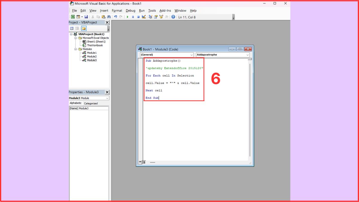 thêm dấu nháy trước số trong Excel bằng mã VBA bước 4
