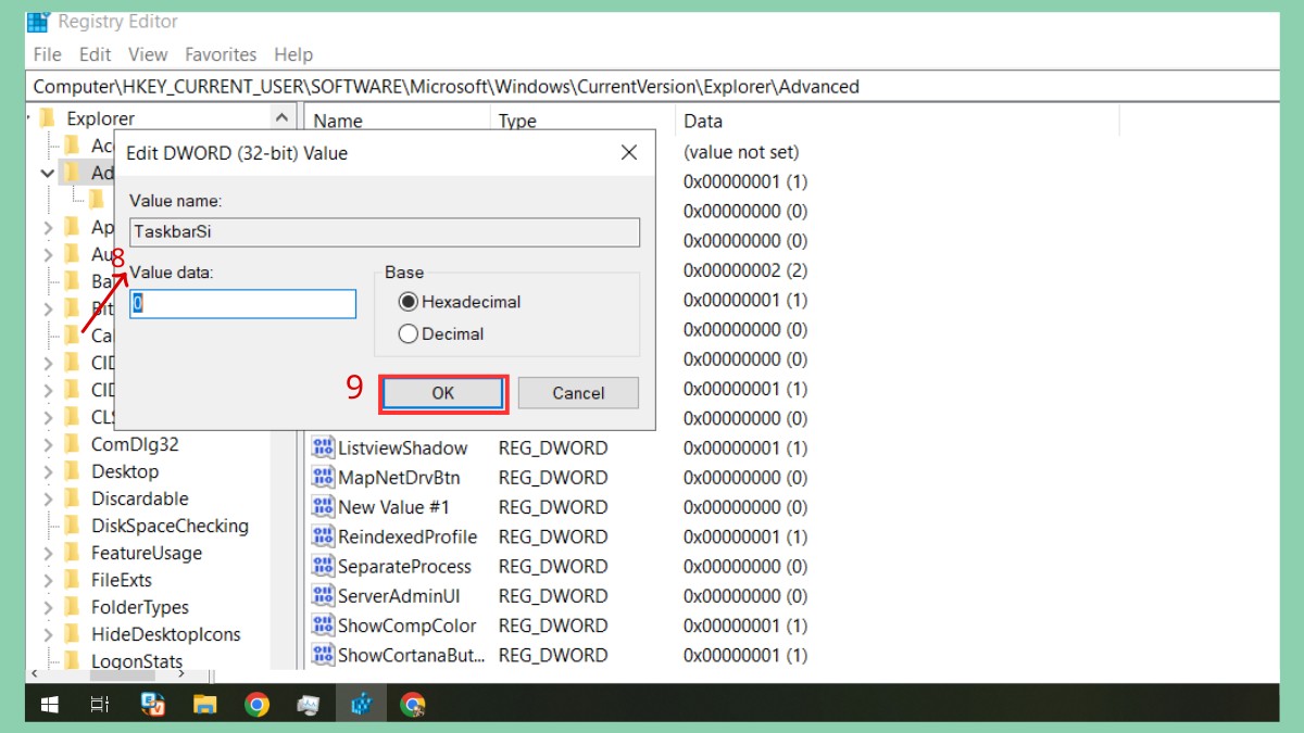 Cách thu nhỏ thanh taskbar Win 11 bằng registry editor bước 4