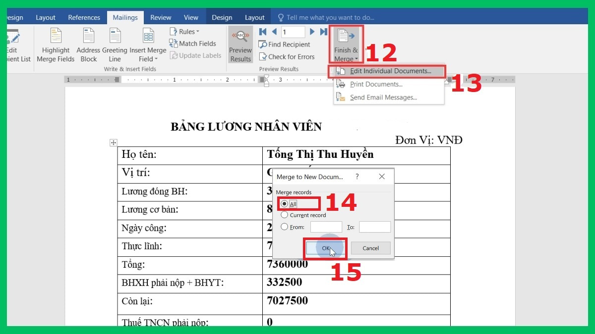 Cách trộn dữ liệu từ Excel sang Word bước 4 tiếp theo
