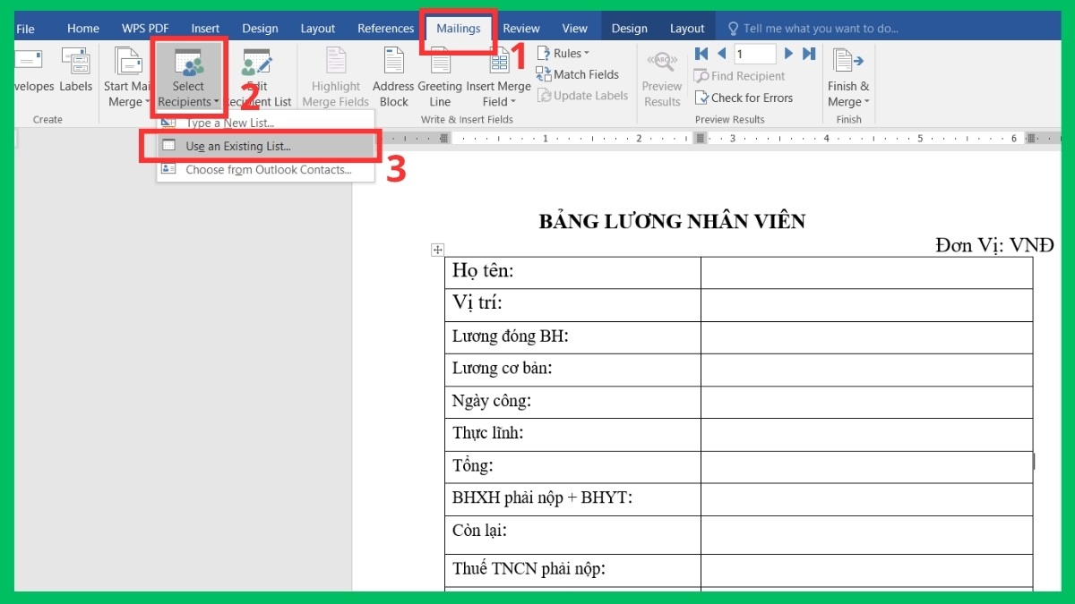 Cách trộn dữ liệu từ Excel sang Word bước 2